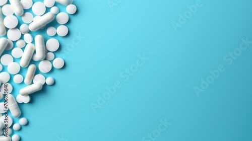 flat lay of numerous pills on a light blue background, offering space for text