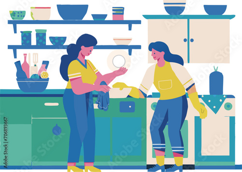 wash the dishes. housework. The dishes. Vector flat color. kitchen. interior. decoration. collection. colorful. nice. A fun space.