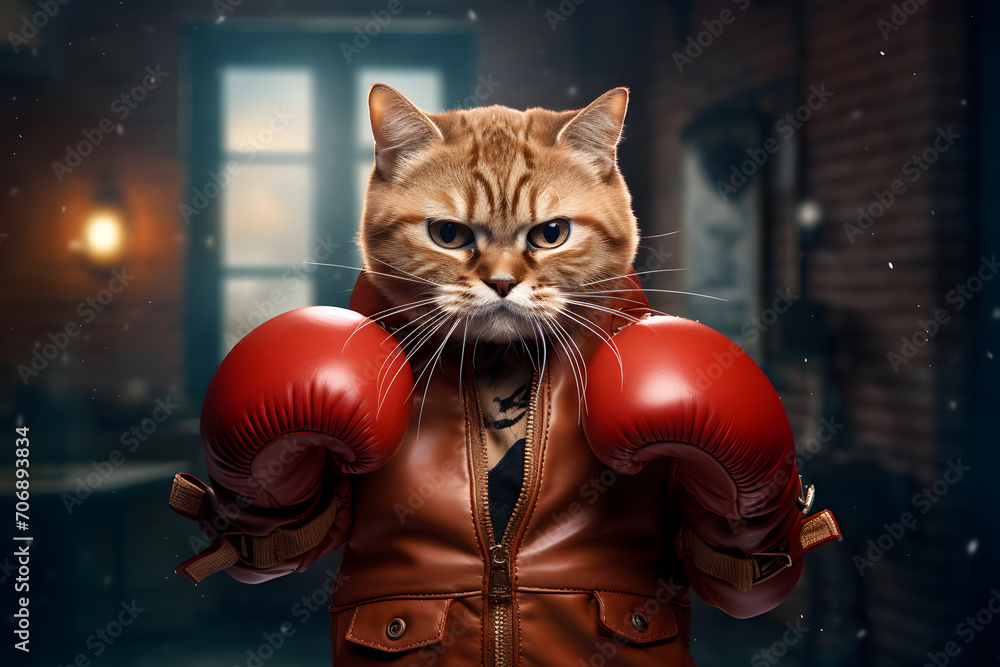 Anthropomorphic cat in a leather jacket and boxing gloves