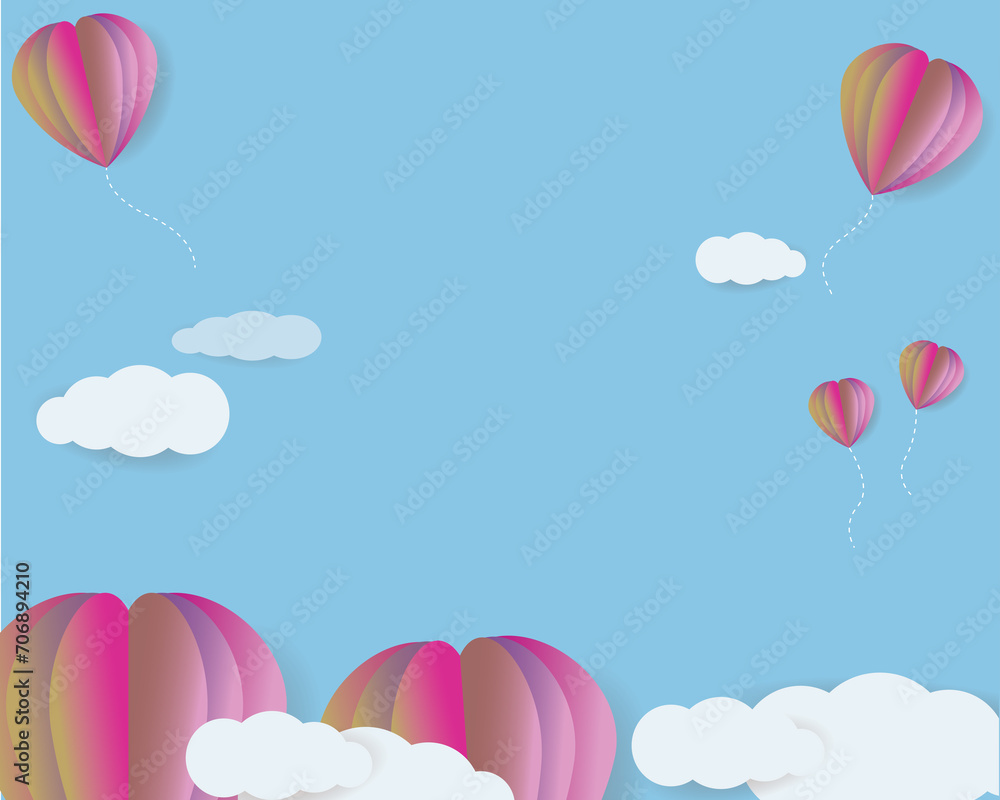 Valentine February 14 wallpaper, heart balloons floating in the bright sky. Cover photo, decoration, shop cover, commerce.