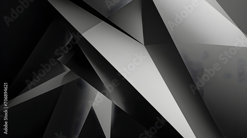 Black white abstract background. Geometric shape. Lines, triangles. 3d effect. Light, glow, shadow. Gradient. Dark grey, silver. Modern, futuristic.