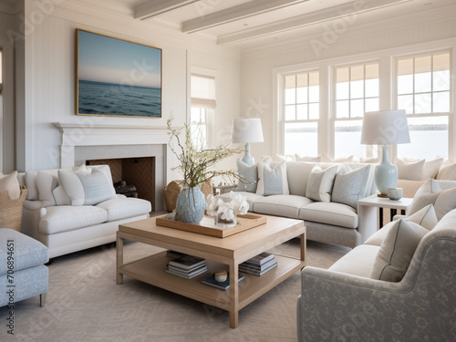 Elegant living area with a coastal theme  plush furnishings  and a soothing color palette