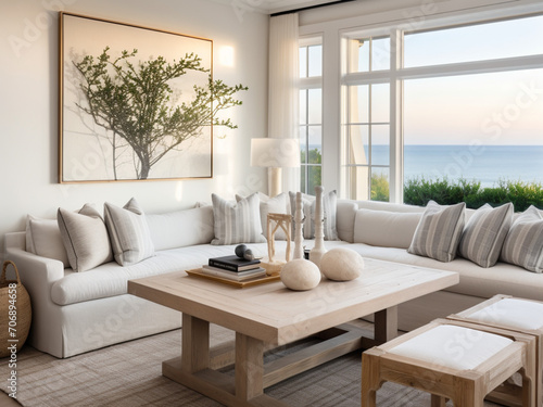 Chic and inviting living room with a beachy feel, comfortable seating, and natural light