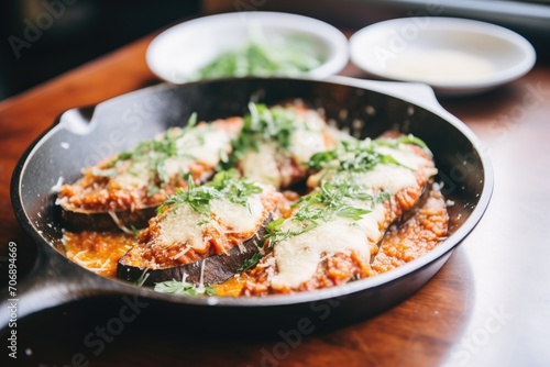 fresh eggplant parmesan with melted cheese and herbs in skillet