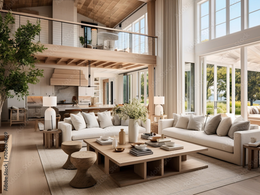 Modern coastal living with an open floor plan, high ceilings, and warm wooden accents Modern coastal living with an open floor plan, high ceilings, and warm wooden accents