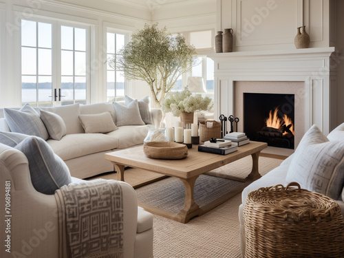 Cozy and elegant Hamptons living room with a fireplace, soft lighting, and rich textures