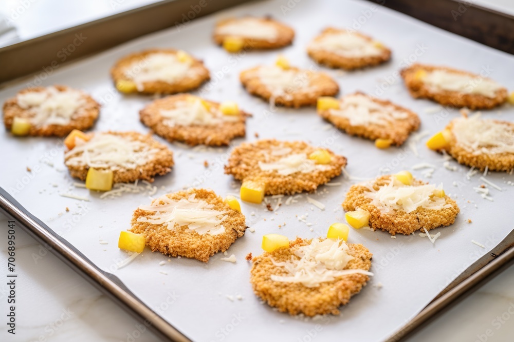 breaded eggplant slices ready for layering with cheese and sauce breaded eggplant slices ready for layering with cheese and sauce