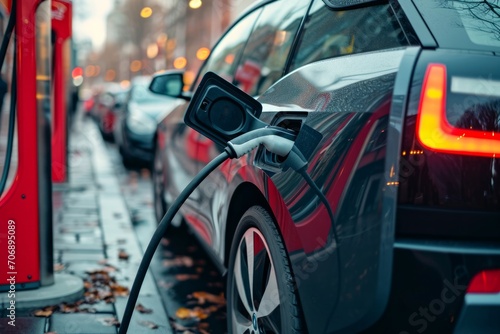 Electric car charging at a gas station in the city.