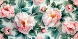 Delicate floral watercolor pattern for textiles and backgrounds, watercolor peonies flowers and green leaves, soft colors, boho style on a light background, floristic vintage, Asian.