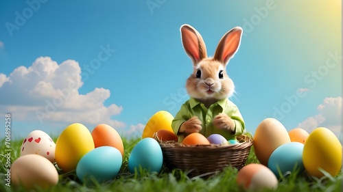 easter bunny and easter eggs,Happy Easter banner background, Easter bunny wear yellow shirt in green grass with  eggs, sunny day, and egg hunt © Qazi Sanawer