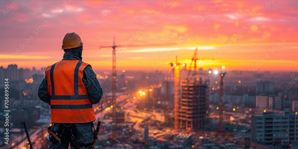 Worker Overlooking an Industrial Construction Site at Dawn Worker Overlooking an Industrial Construction Site at Dawn