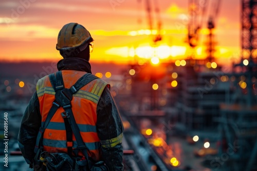 Worker Overlooking an Industrial Construction Site at Dawn