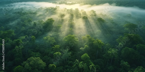 Aerial View of a Misty Rainforest at Sunrise with Light Rays