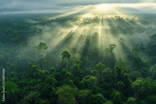 Aerial View of a Misty Rainforest at Sunrise with Light Rays