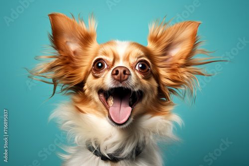 Cute brown mexican chihuahua dog with tongue out isolated on blue background. Dog looking to camera