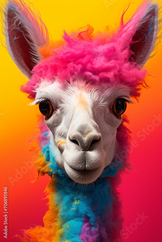 Fashion Colored alpaca portrait on bright pink background © lelechka