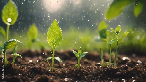 young plants growing up on ground with raining drop, save wold and green green environment concept.