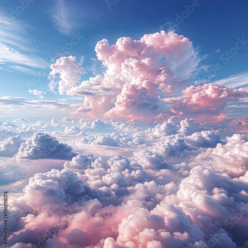 Aerial view of beautiful fluffy clouds in the blue sky at sunset,Generative AI