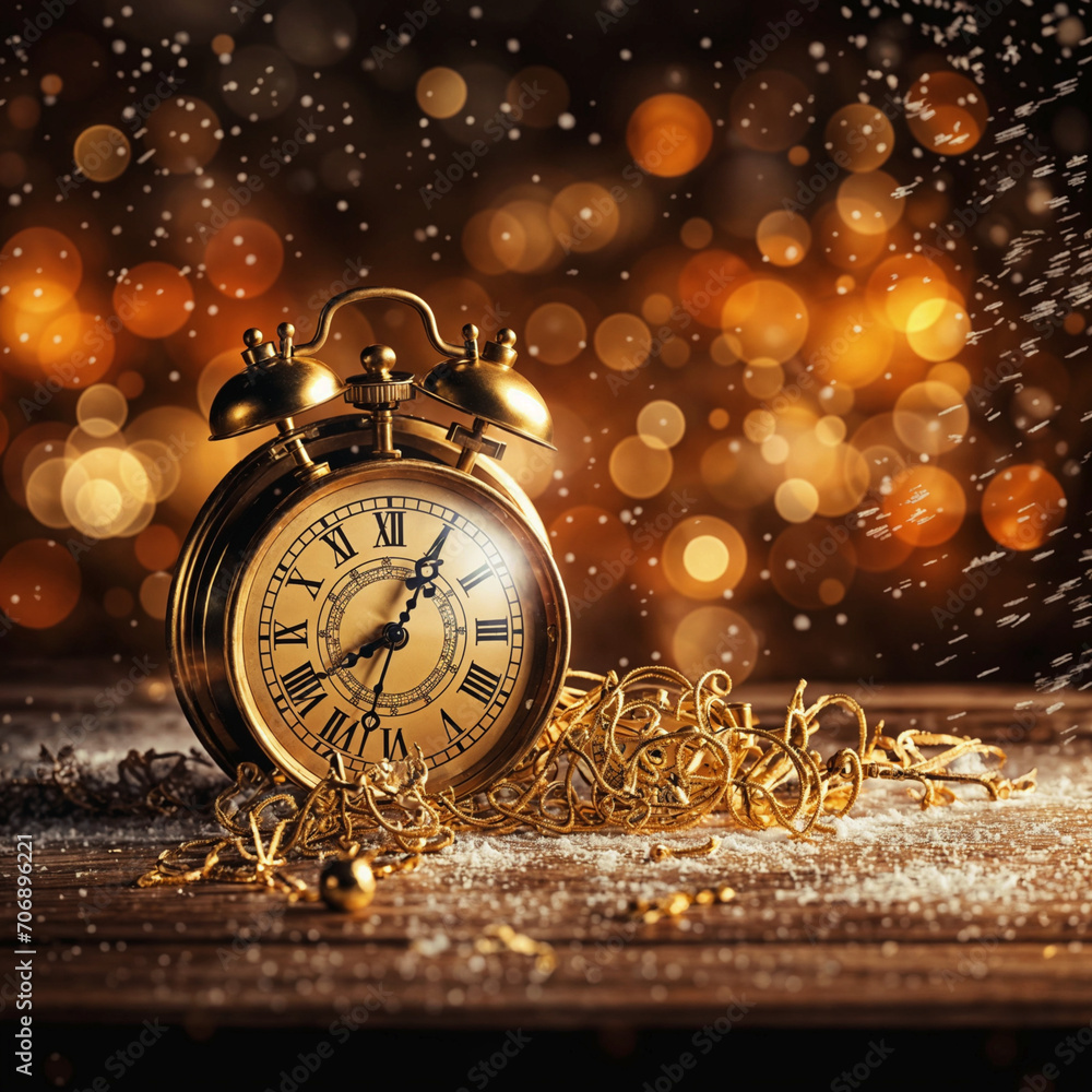 Vintage alarm clock on bokeh background. New Year concept,Generative AI