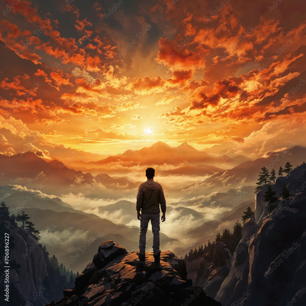 Man standing on the edge of a cliff and looking at the sunrise,Generative AI