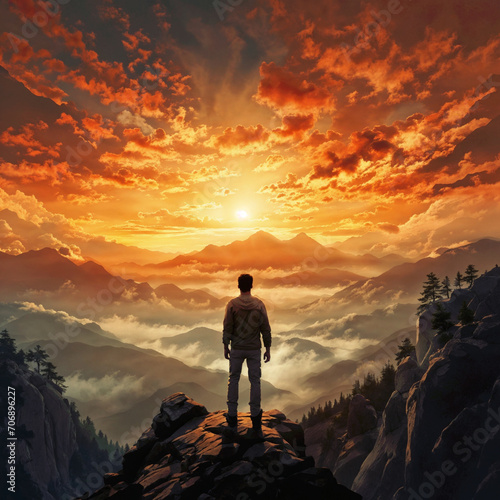 Man standing on the edge of a cliff and looking at the sunrise,Generative AI