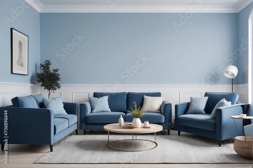 Dark blue sofa and recliner chair in the Scandinavian apartment. light blue Interior design of the modern living room. wall color light blue
