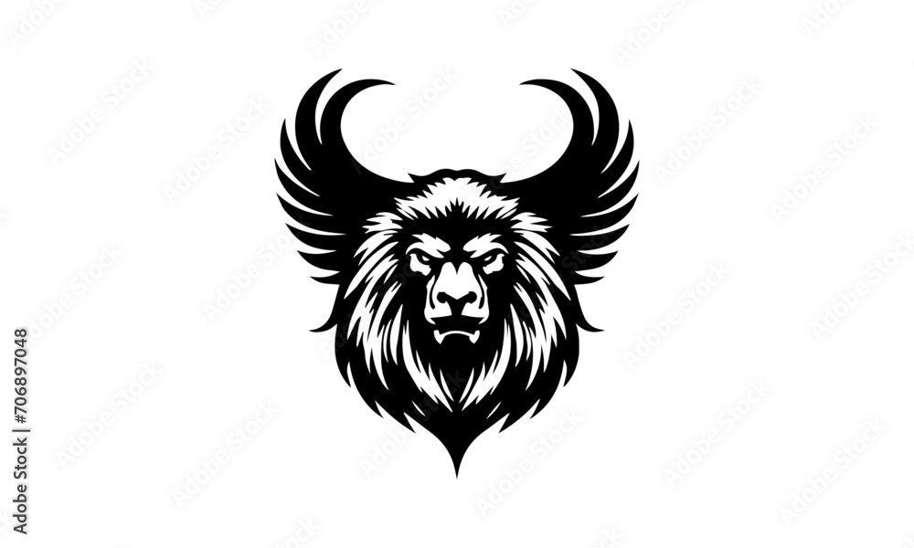 minimal lion face with wings logo , minimal lion face & wing logo , black and white logo, symmetric logo