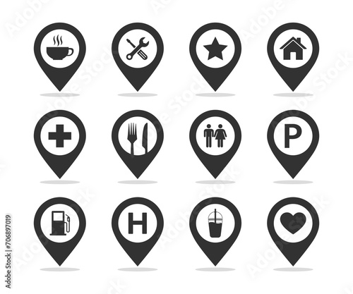 Set of place pin icon. Map pointer and cafe and restaurant travel elements pin.