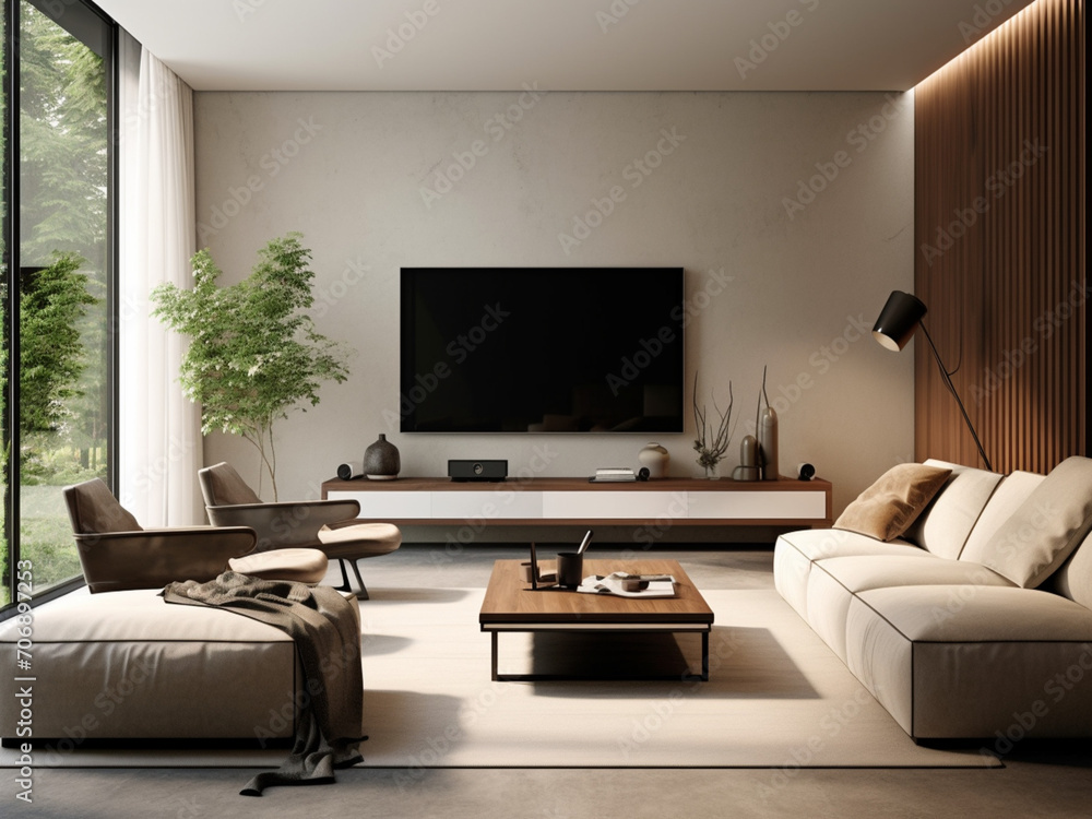 Contemporary space with a sleek, wall-mounted TV and a modular sofa
