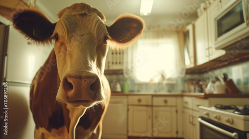 Cow inside a retro kitchen. Fresh food concept.