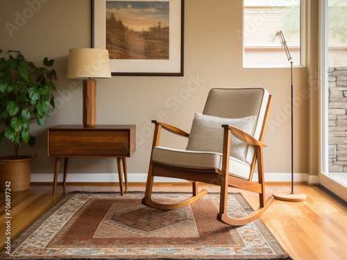 A warm, wood-centric design featuring a classic rocking chair and a wool area rug