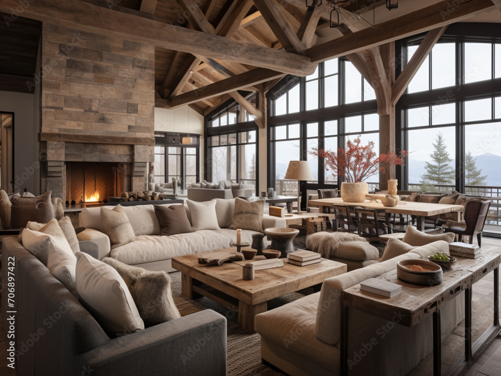 Inviting living room with rustic wood beams and contemporary decor Inviting living room with rustic wood beams and contemporary decor