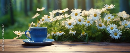 daisies in a blue cup on a wooden table