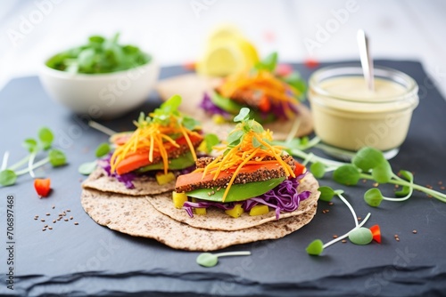 colorful flaxseed wraps with hummus and sprouts on a slate