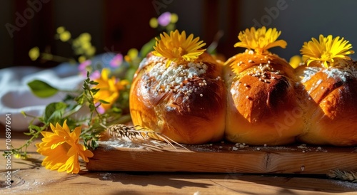 golden buns decorated with eggs and flowers on a wooden bedside table