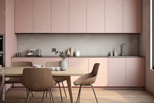 Minimalist kitchen with peach fuzz color, sleek handle less cabinets, efficient storage