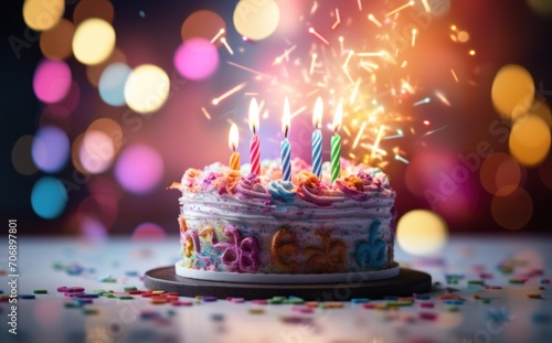 birthday cake with a candle on a background of colorful tinsel