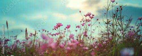 green grass with flowers and lots of pink and purple clouds