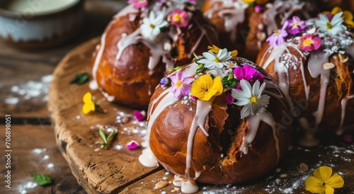 chocolate egg buns with flowers and icing
