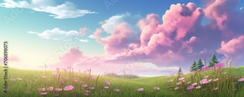 green grass with flowers and lots of pink and purple clouds