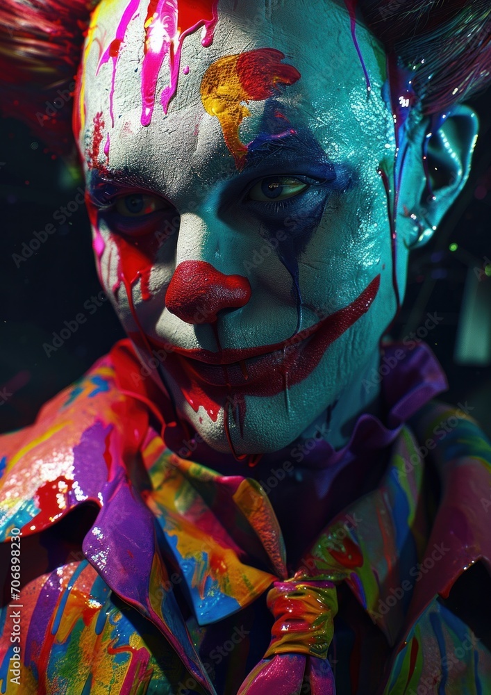 colorful clown with colorful paint, makeup and a tie,