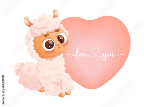 Llama Alpaca. Cute cartoon animal with big pink heart. Romantic valentine. Vector illustration