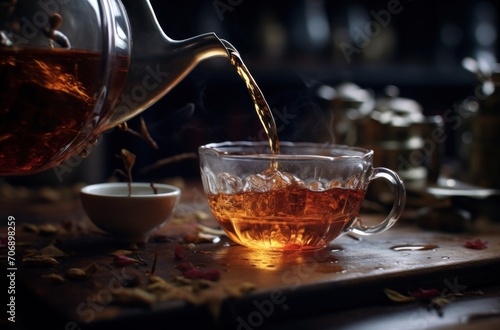 tea cups on wooden table on dark background