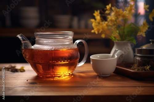 tea cups on wooden table on dark background