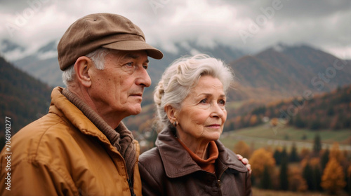 A portrait of an elderly couple in love against the backdrop of autumn mountains