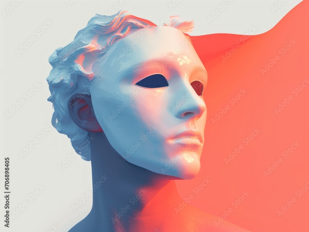 3d rendering of a female face in blue and red colors. Generative AI