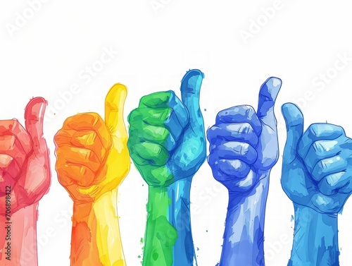 Colorful hands with thumbs up isolated on white background. illustration. Generative AI
