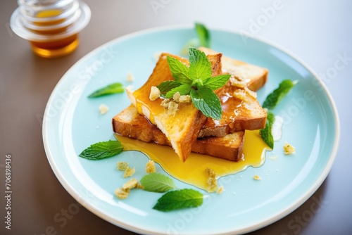 triangle-cut french toast with honey and a mint leaf