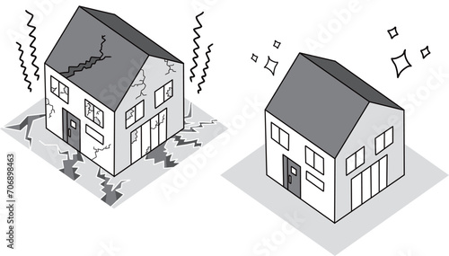 地震で損壊する住宅と耐震性のある住宅の比較イラスト（モノクロ）
