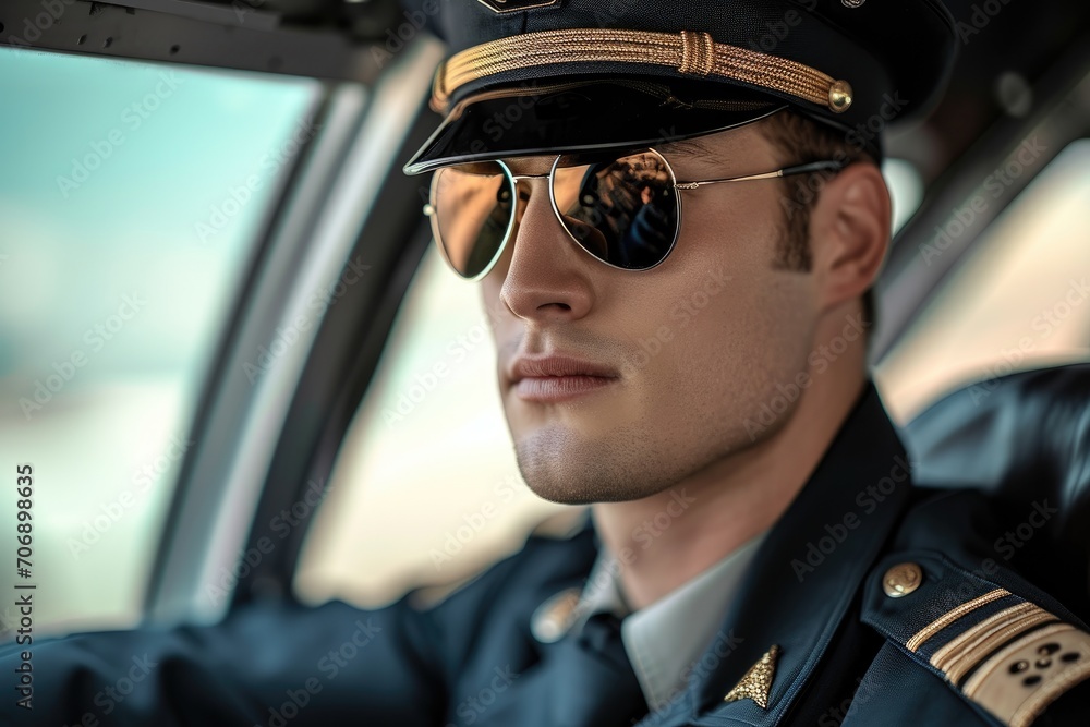 Dashing pilot in uniform with aviator sunglasses Dashing pilot in uniform with aviator sunglasses